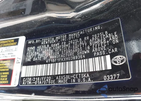 2017 Toyota Camry Se from USA, damaged, VIN 4T1BF1FKXHU389364